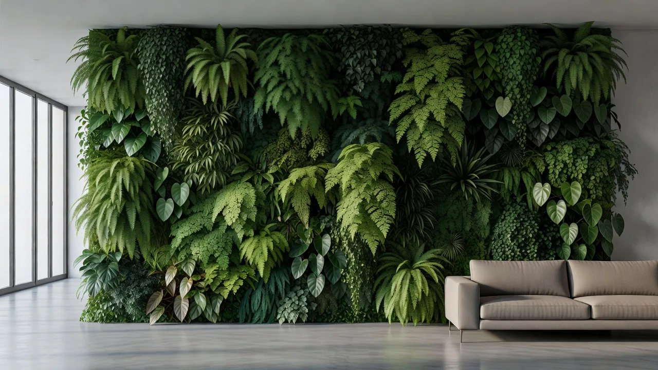 観葉植物によるグリーンウォールで緩やかに仕切られたオープンプランのオフィス内観