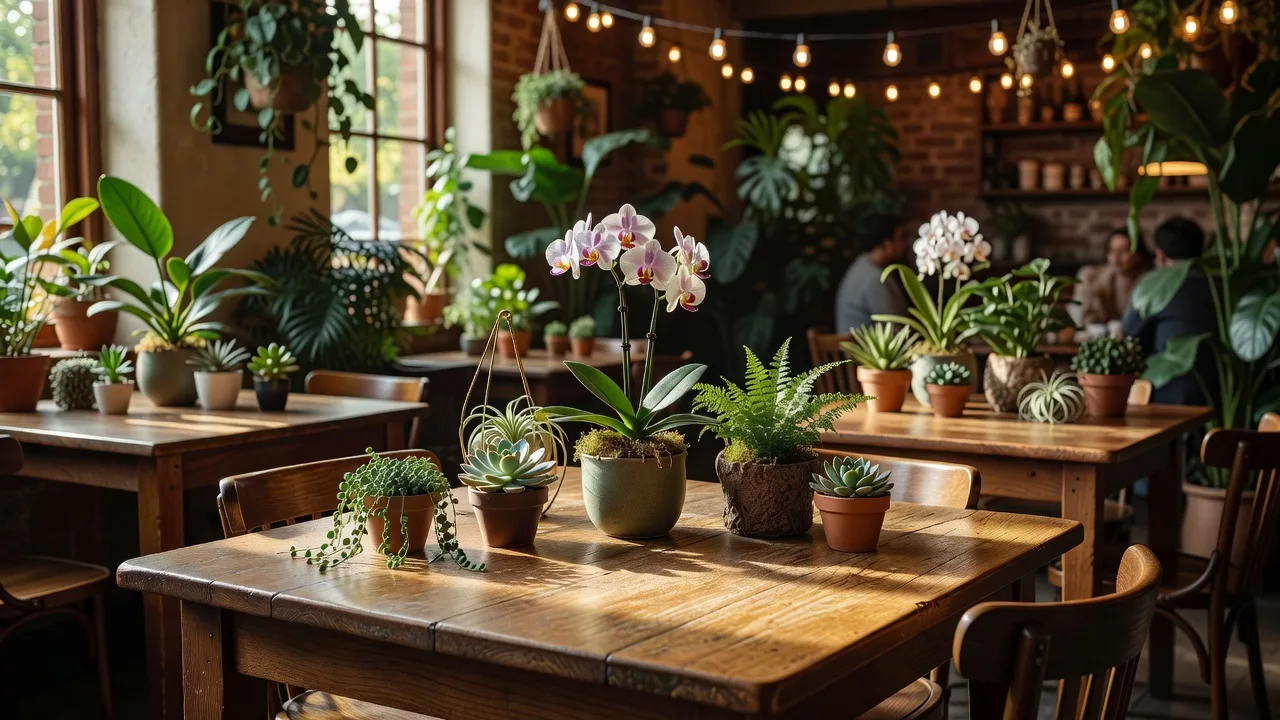 小さな鉢植えを置いたカフェの隅のテーブル席のイメージ