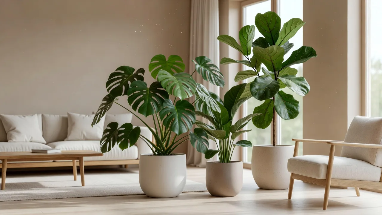 モンステラやフィカスなどの観葉植物を配置した、落ち着いた雰囲気の室内空間のイメージ