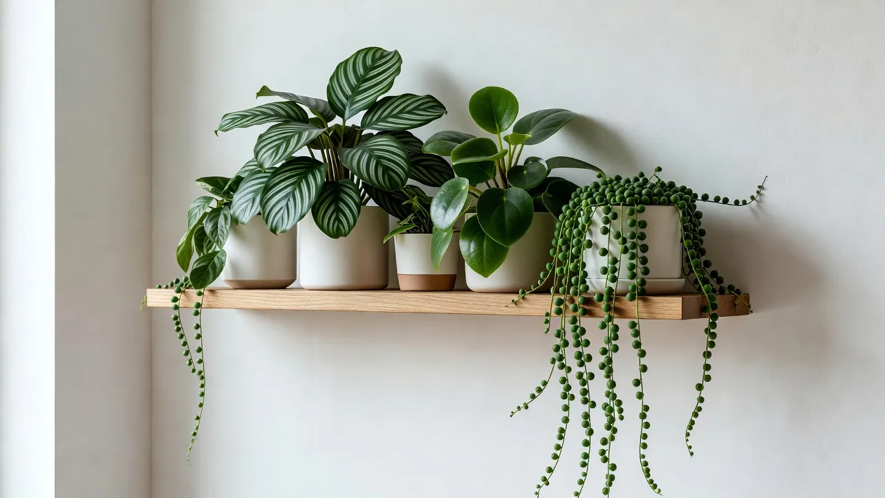 観葉植物を配置した浮き型の木製シェルフディスプレイ