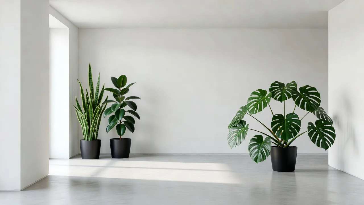 白を基調としたミニマルな室内に存在感のある観葉植物を置いたインテリアの例