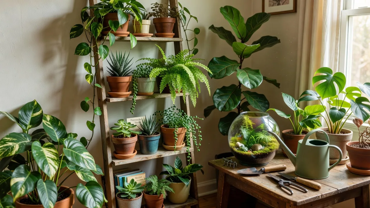窓際の光を利用して並べられた観葉植物のコレクション