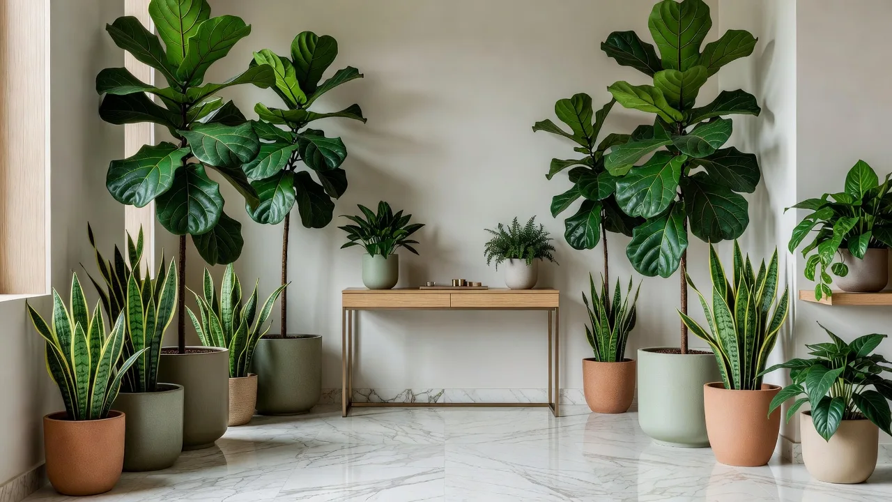 背の高い観葉植物を配したスタイリッシュなオフィスの受付エントランスと廊下
